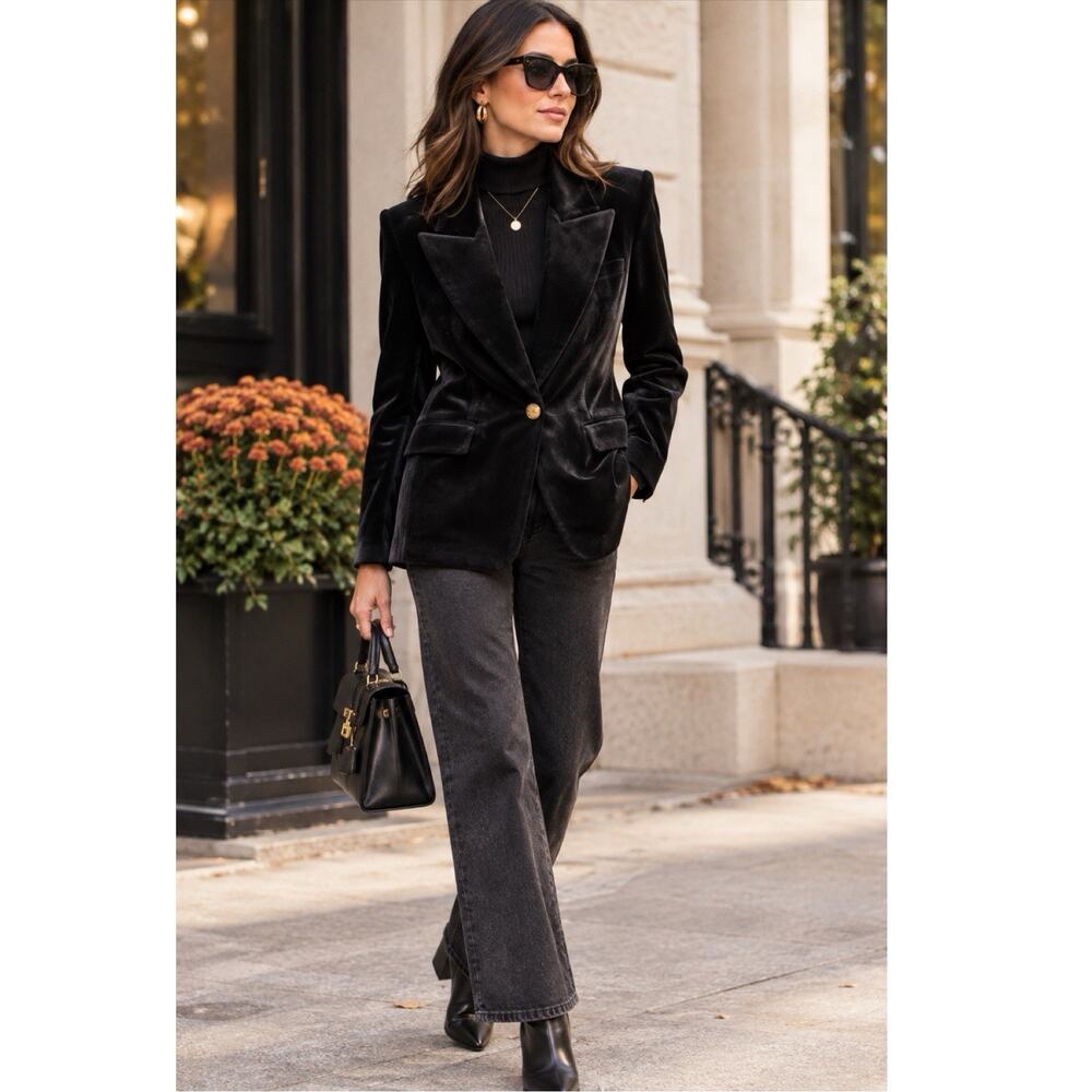 Express Black Velvet Blazer Jacket Womens Small Gold Button Goth Preppy Chic